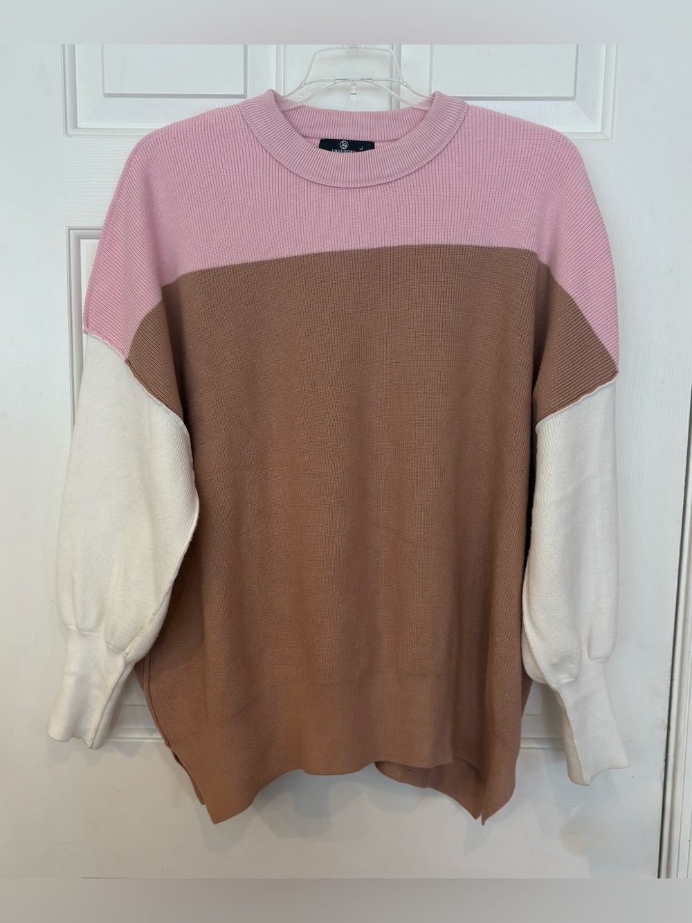 Lillusory Sweater Womens Large Crewneck Knit Pullover Colorblock Pink Beige
